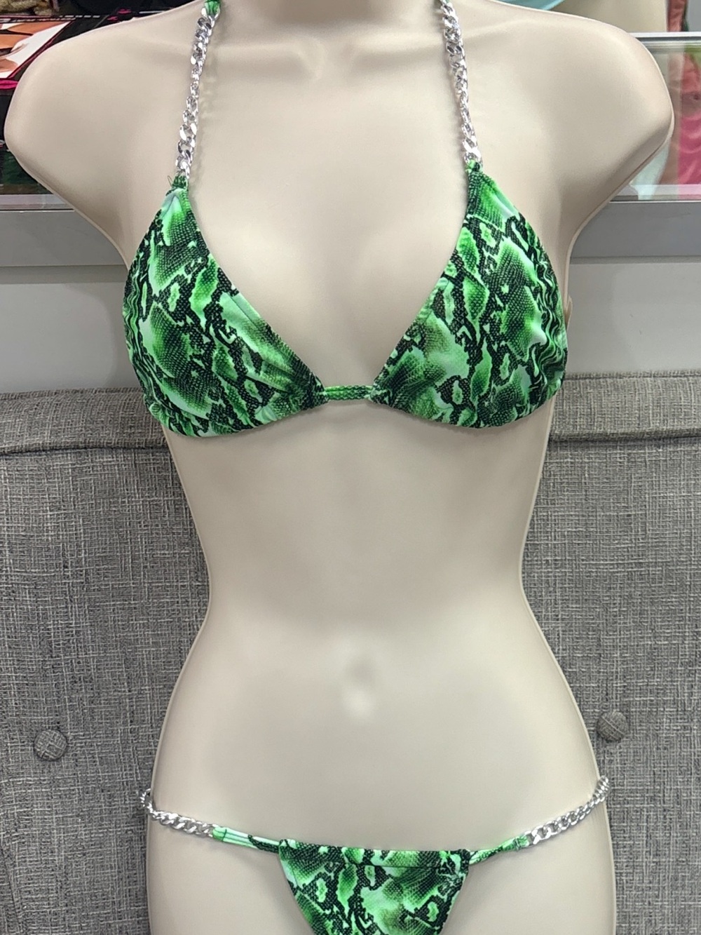 Neon Green Snake Print Bikini with Silver Chain Straps